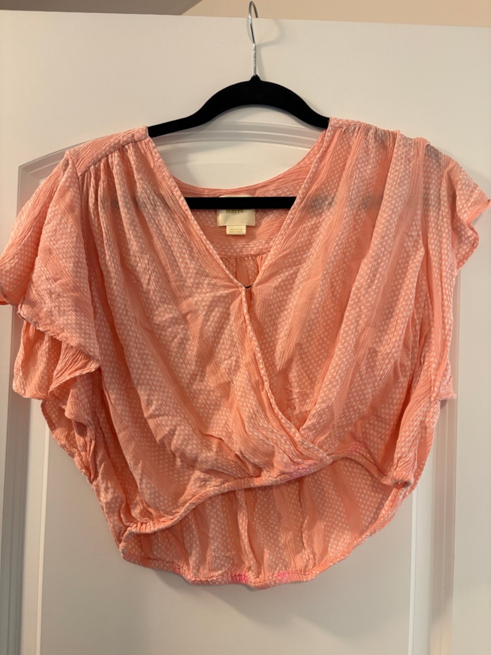 Maeve Peach Textured Flutter Wrap Blouse